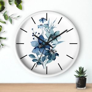 Minimalist Blue Watercolor Floral Wall Clock